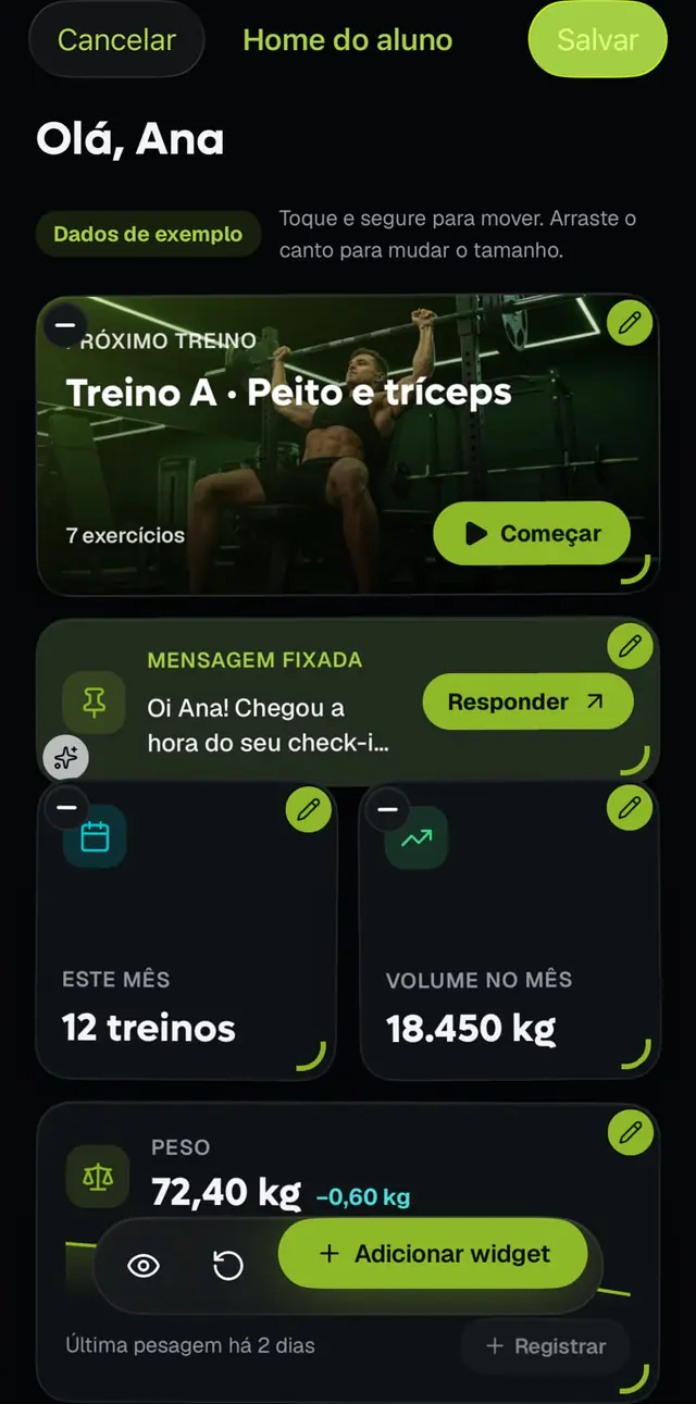 Tela inicial do aluno com widgets