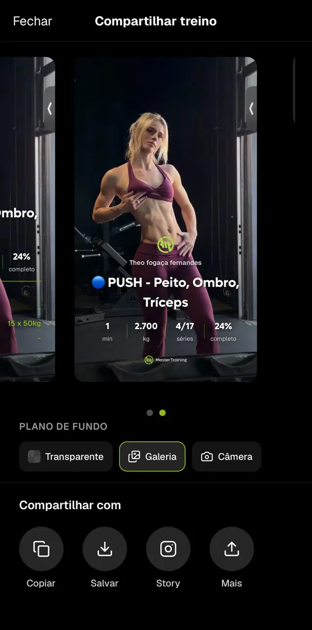Compartilhar treino no story